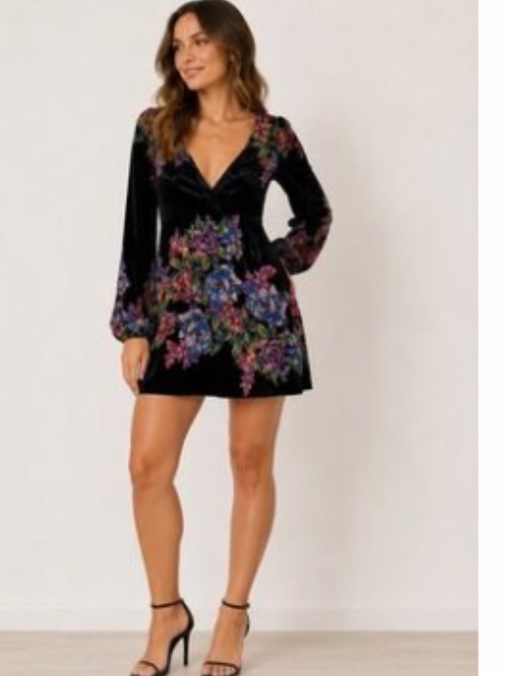 Free People Black Velvet Long-Sleeve Floral Mini Dress Size XS